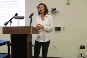 Dr. Jennifer Freyd, a psychology professor at the University of Oregon and a national authority on institutional betrayal and sexual violence, spoke at the University of New Mexico on Feb. 6. Photo by Noah Michelsohn / Advance at UNM