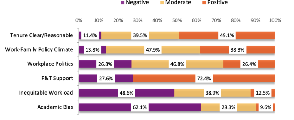 Chart showing answers to questions about facets of organizational climate including support for promotion and tenure, academic bias and workload.