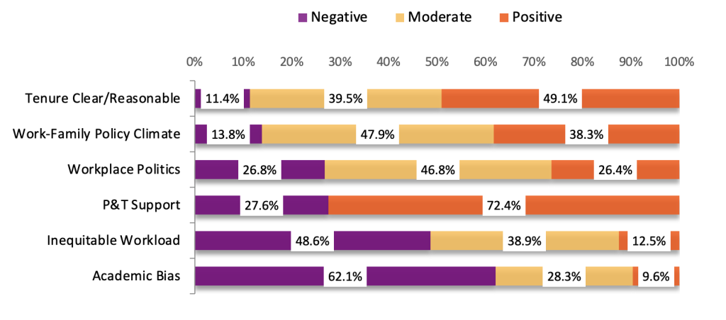 Chart showing answers to questions about facets of organizational climate including support for promotion and tenure, academic bias and workload.